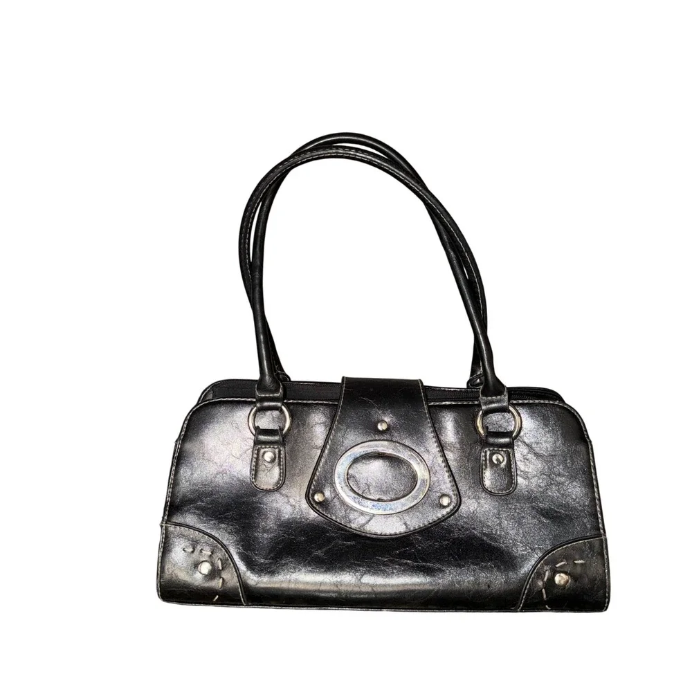 Vintage Y2K Black Faux Distressed Leather Satchel Shoulder Bag Grunge 54644-79